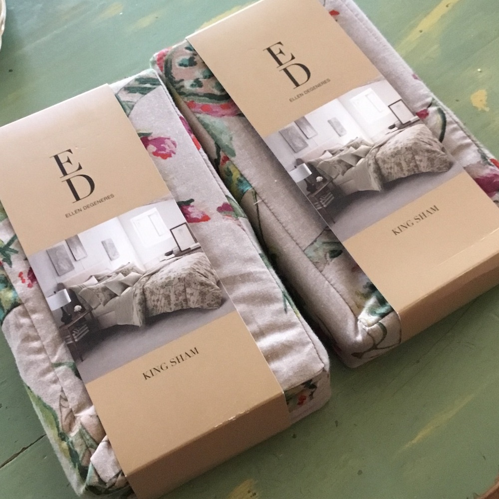 Ellen DeGeneres Floral King Shams in Cream with Green and Pink Accents